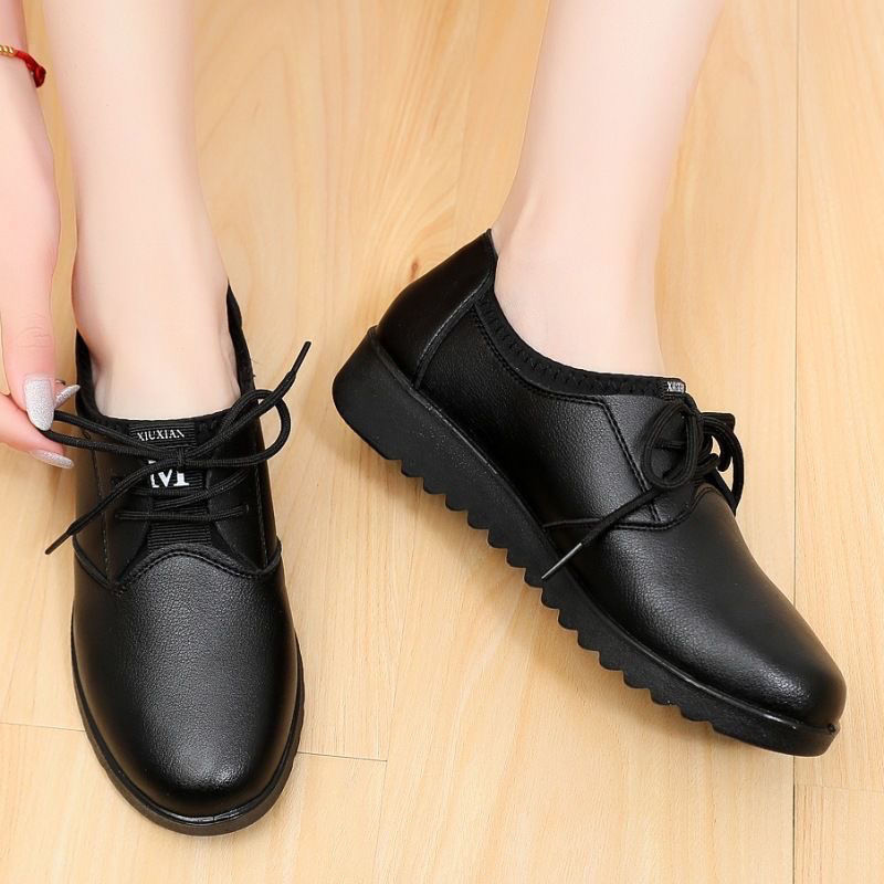 Leather Work Oxfords - Solid Black Oxford Shoes Woman Work