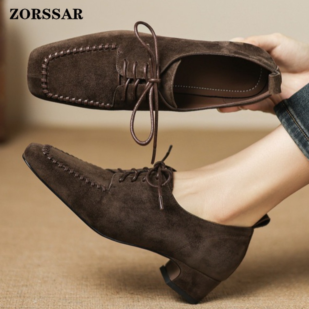 Leather Work Oxfords - Women's Brown Suede Square Toe Lace-up