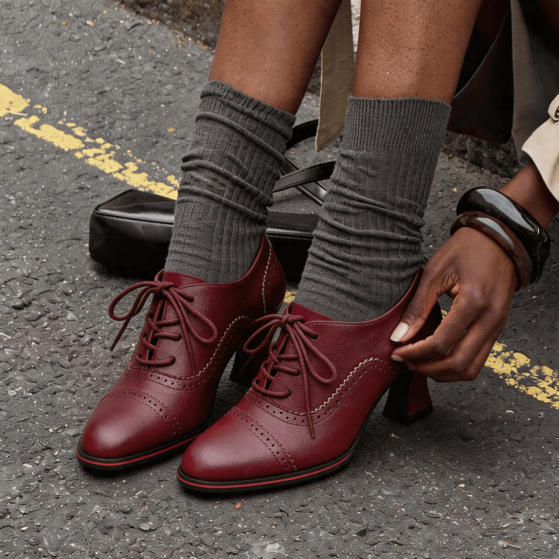 Leather Work Oxfords - Women’s Faux Leather Brogue Oxford Heels